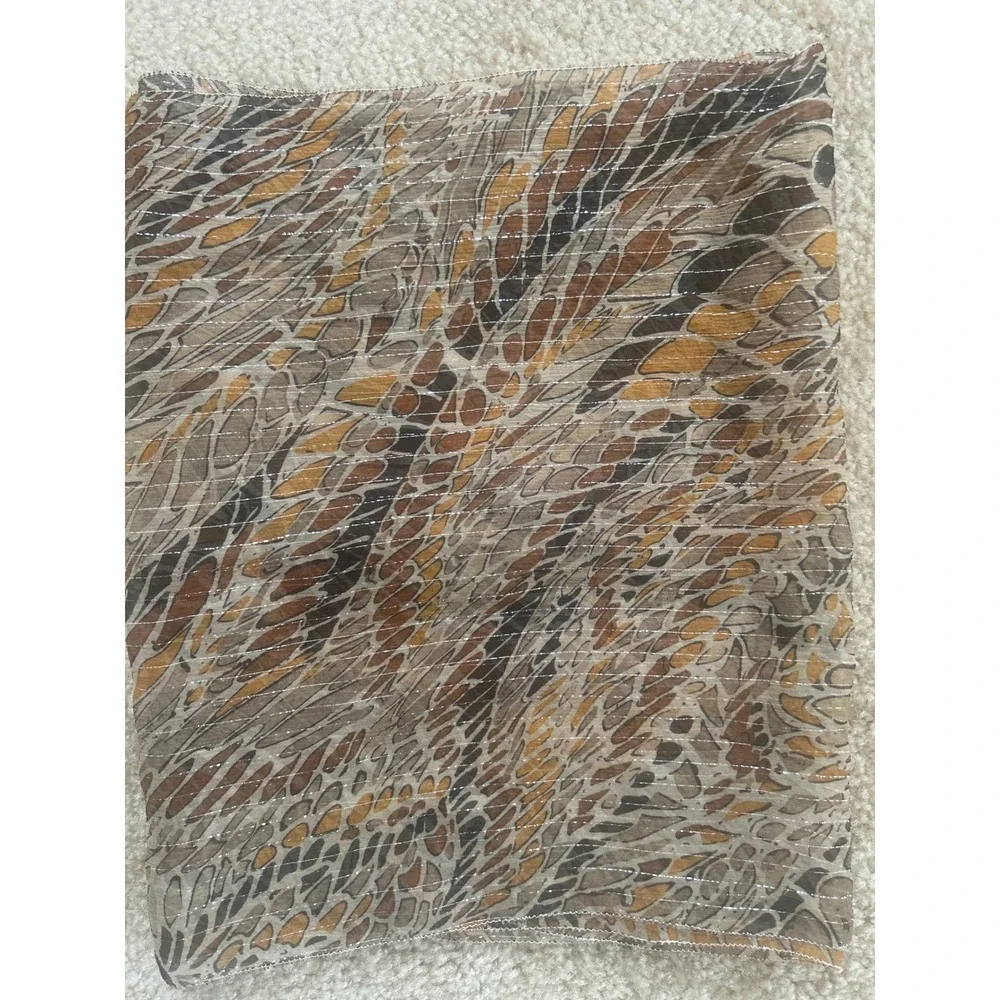 Vintage Brown Amber Abstract Print Sheer Scarf Silver Metallic Stripe Shimmer